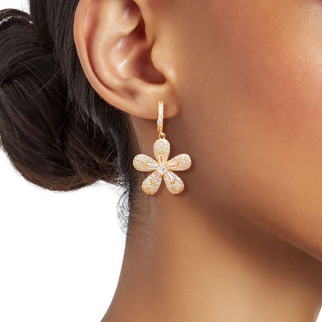 Huggie Hoop Earrings 14k Gold Plated CZ Flower Stylish Chic Jewelry