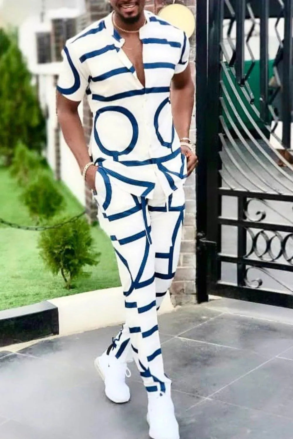 Men's Full Size Geo Print Short Sleeve Top and Pants Set Plus Size