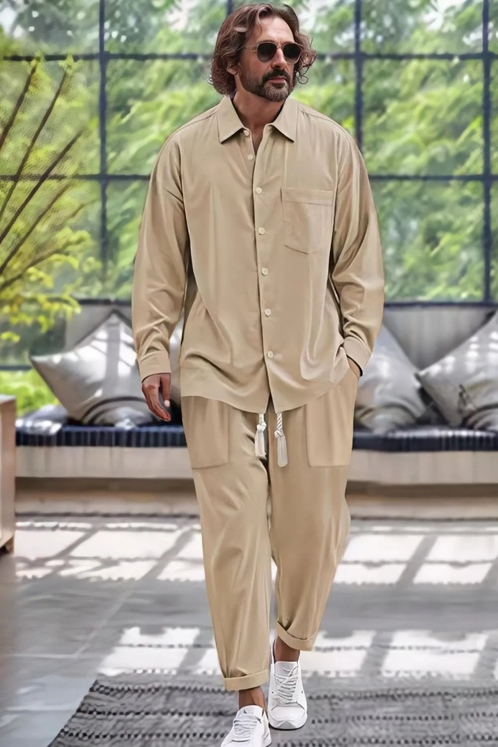 Men's Collared Neck Long Sleeve Top and Pants Set Plus Size