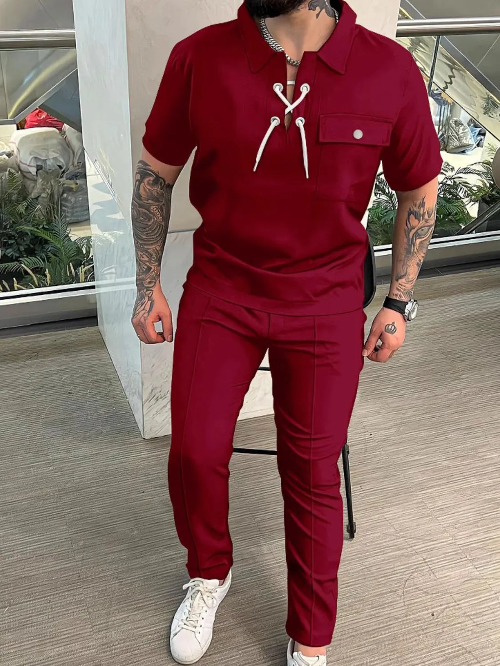 Men's Full Size Lace Up Short Sleeve Top and Pants Plus Size