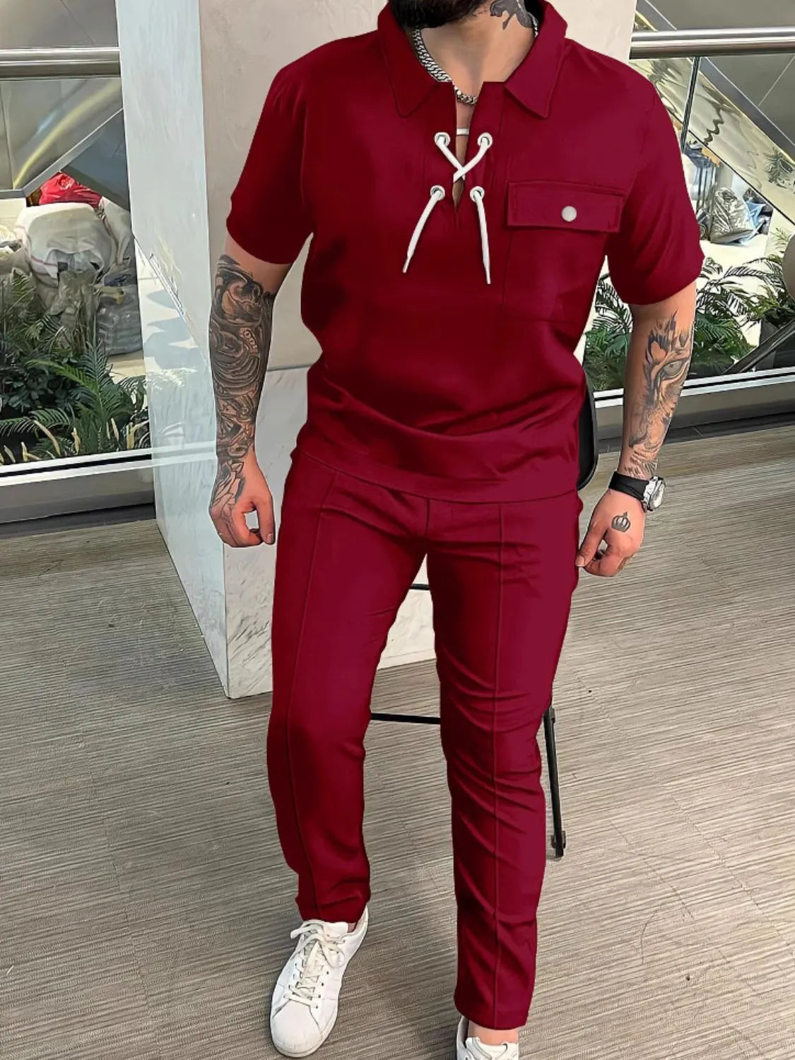 Men's Full Size Lace Up Short Sleeve Top and Pants Plus Size
