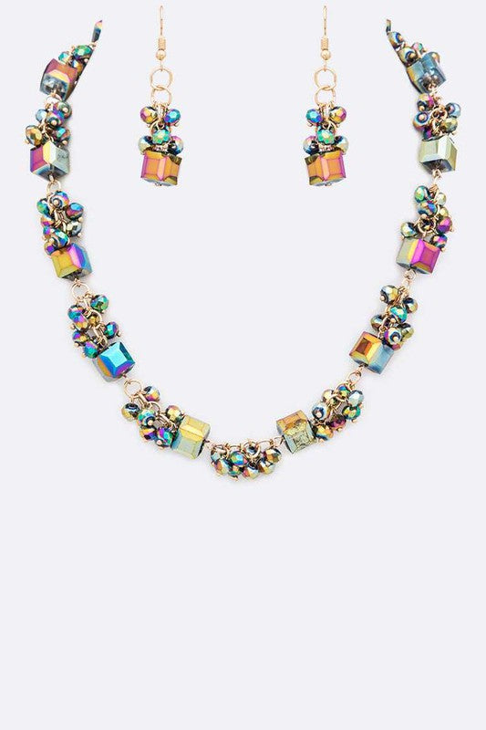 Statement Collar Necklace Set with Fringe Beads and Crystal Station, Trendy Fashion Jewelry