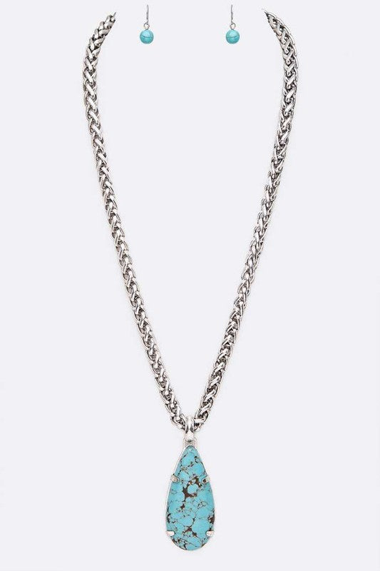 Stone Teardrop Pendant Rope Chain Western Necklace
