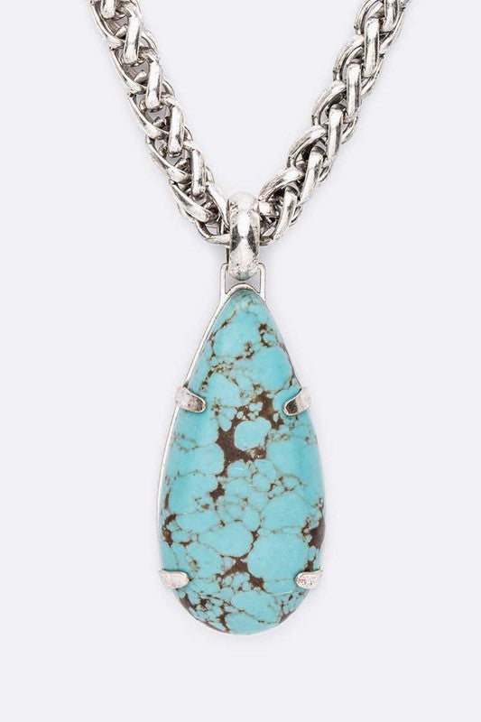 Stone Teardrop Pendant Rope Chain Western Necklace