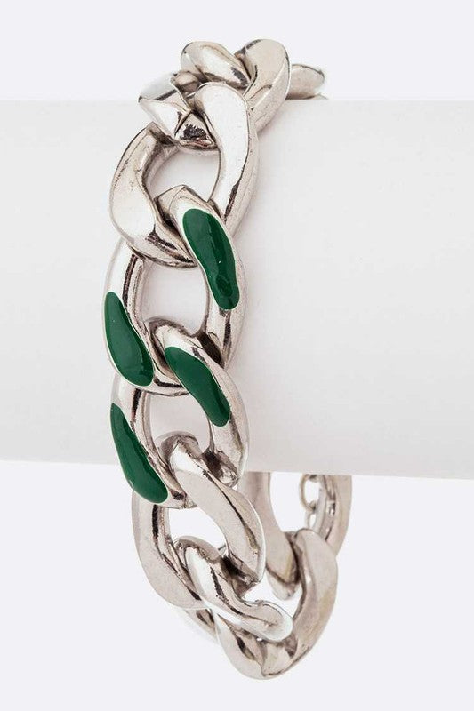 Silver Green Enamel Metal Chain Chunky Necklace