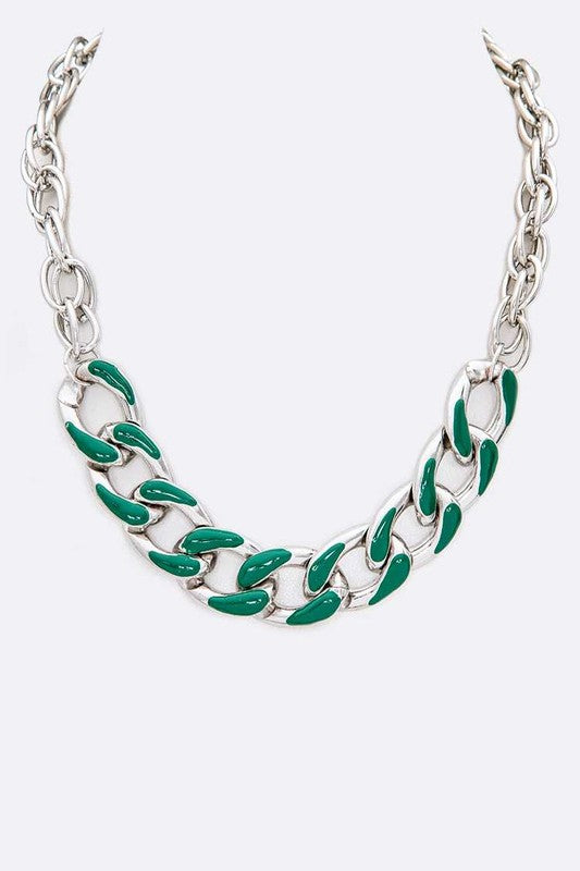 Silver Green Enamel Metal Chain Chunky Necklace