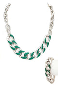 Silver Green Enamel Metal Chain Chunky Necklace