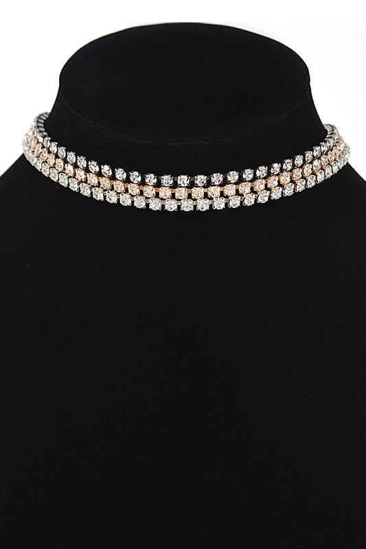 3 Tone Fine Rhinestone Chain Choker Set