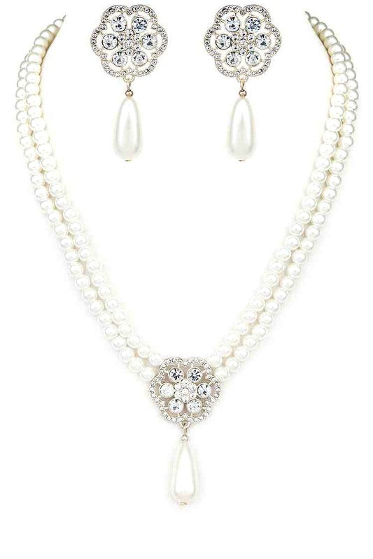 Pearl Teardrop Crystal Pendant Necklace Set