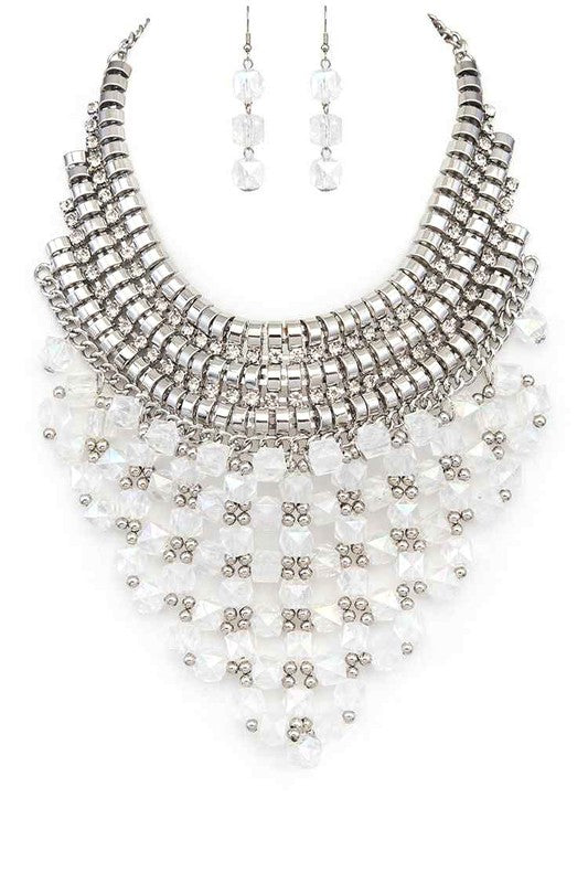 Statement Glass Bib Necklace Set Stylish Fashion Jewelry Accessory