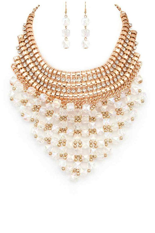 Statement Glass Bib Necklace Set Stylish Fashion Jewelry Accessory