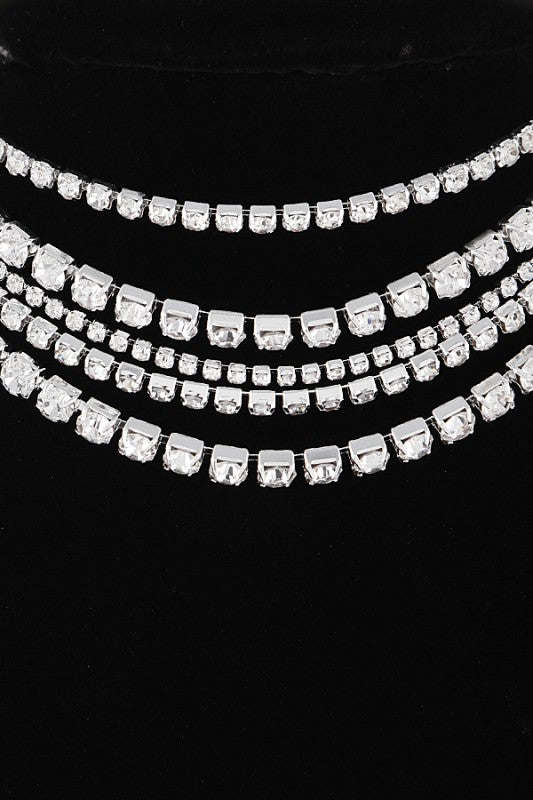 Layered Rhinestone Statement Choker Necklace Set – Trendy Stylish Jewelry Accessory