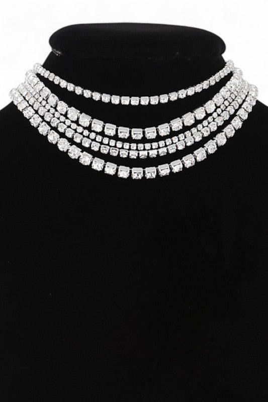 Layered Rhinestone Statement Choker Necklace Set – Trendy Stylish Jewelry Accessory