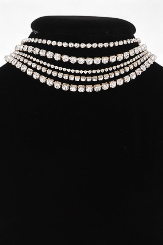 Layered Rhinestone Statement Choker Necklace Set – Trendy Stylish Jewelry Accessory