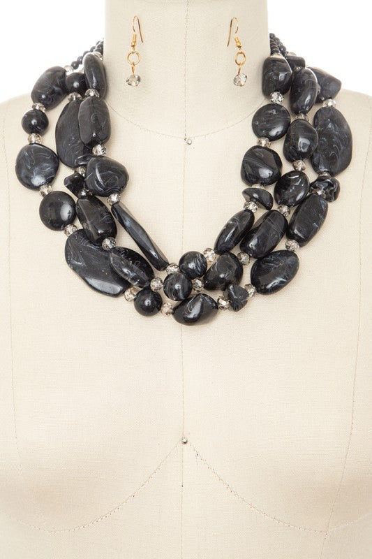 Statement Layered Resin Stone Necklace Set Peble Trendy Chic Jewelry