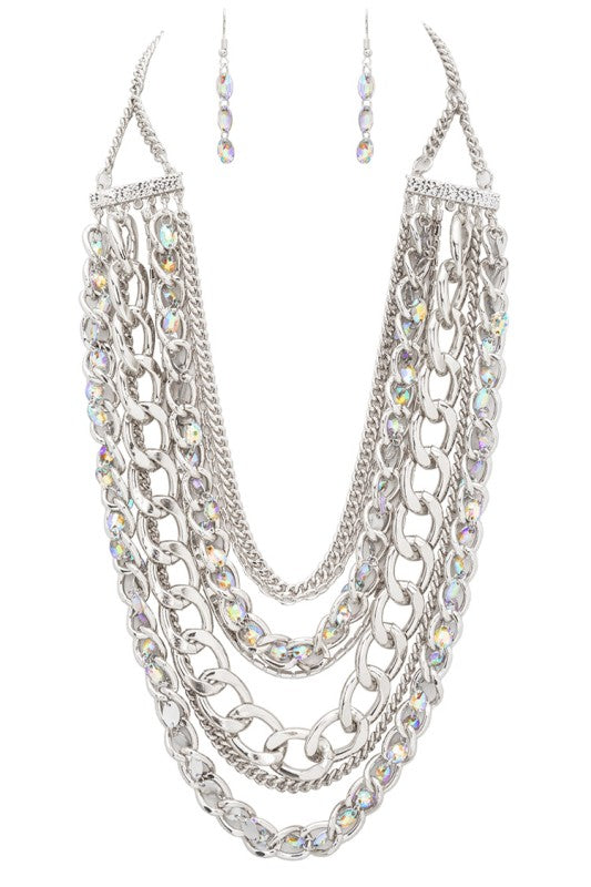 Layered AB Stone Mix Chain Necklace Set – Stylish Statement Jewelry