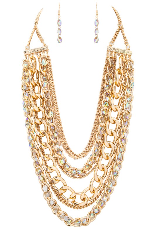Layered AB Stone Mix Chain Necklace Set – Stylish Statement Jewelry