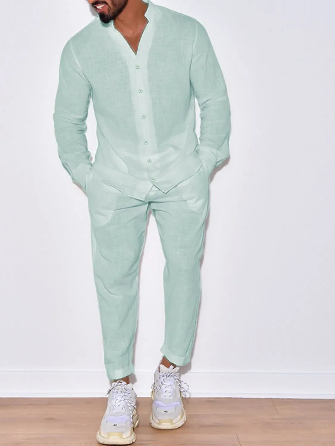 Men's Button Up Long Sleeve Top and Pants Set