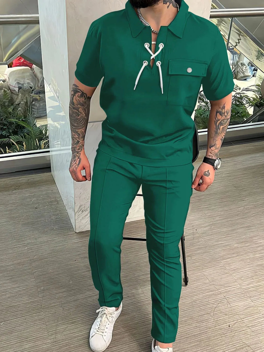 Men's Full Size Lace Up Short Sleeve Top and Pants Plus Size