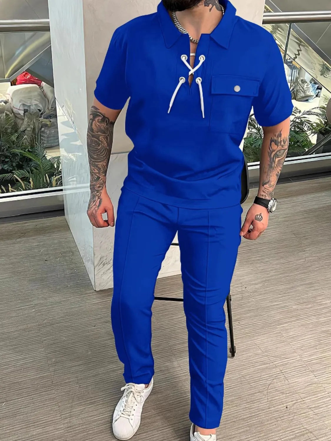 Men's Full Size Lace Up Short Sleeve Top and Pants Plus Size