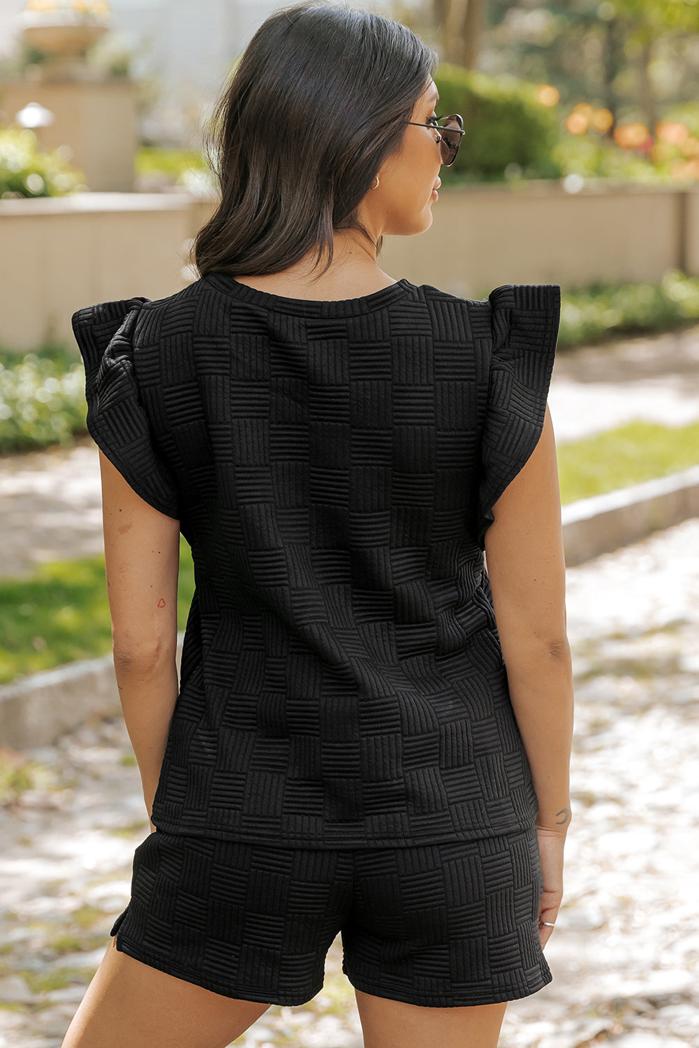 Pearl Textured Ruffled Sleeve Tee and Shorts Set