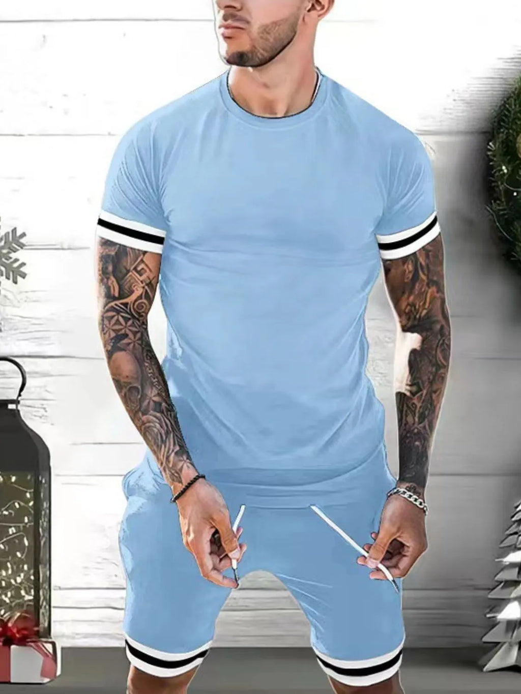 Men's Plus Size Round Neck Short Sleeve Top and Shorts Set
