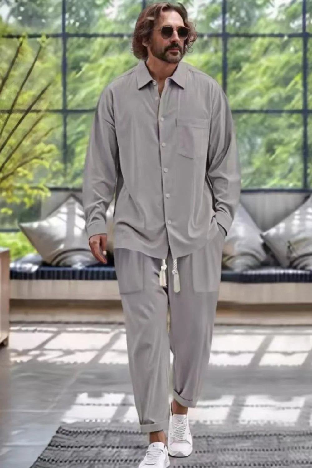 Men's Collared Neck Long Sleeve Top and Pants Set Plus Size