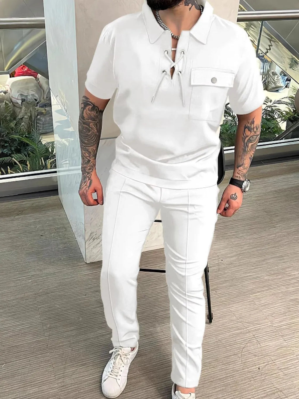 Men's Full Size Lace Up Short Sleeve Top and Pants Plus Size