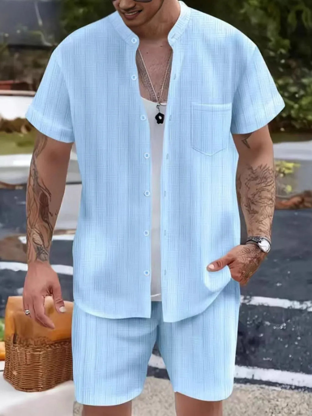 Men's Button Up Short Sleeve Shirt and Shorts Set
