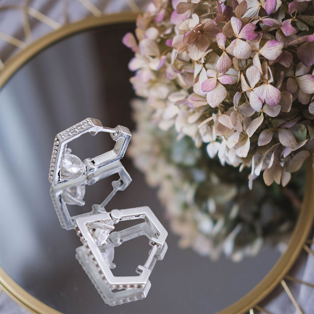 Huggie Hoop Earrings 14K White Gold with CZ Diamond – Stylish Elegant Jewelry