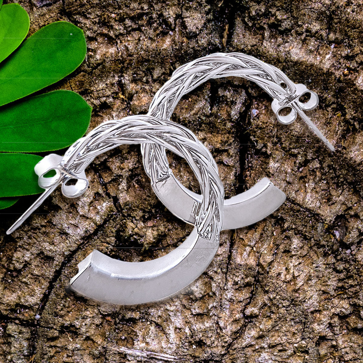 Hoop Earrings 14K White Gold Braided Post Stylish Chic Jewelry