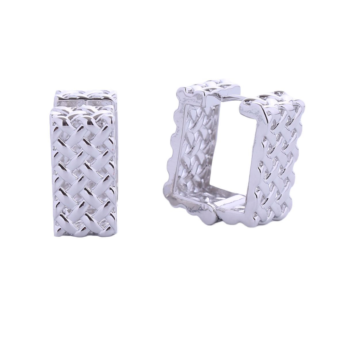 Huggie Hoops 14K White Gold Rattan Square Stylish Earrings