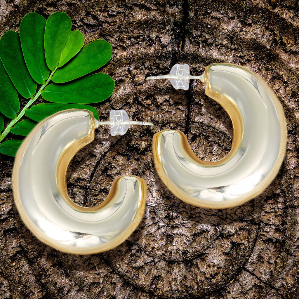 Hoop Earrings 14K Gold Puffy Post Stylish Chic Jewelry