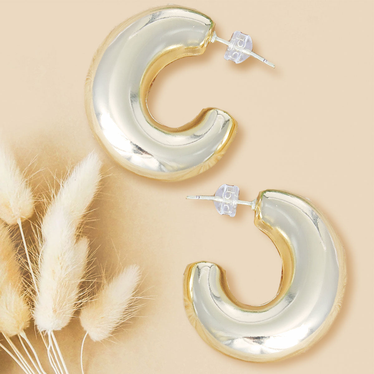 Hoop Earrings 14K Gold Puffy Post Stylish Chic Jewelry