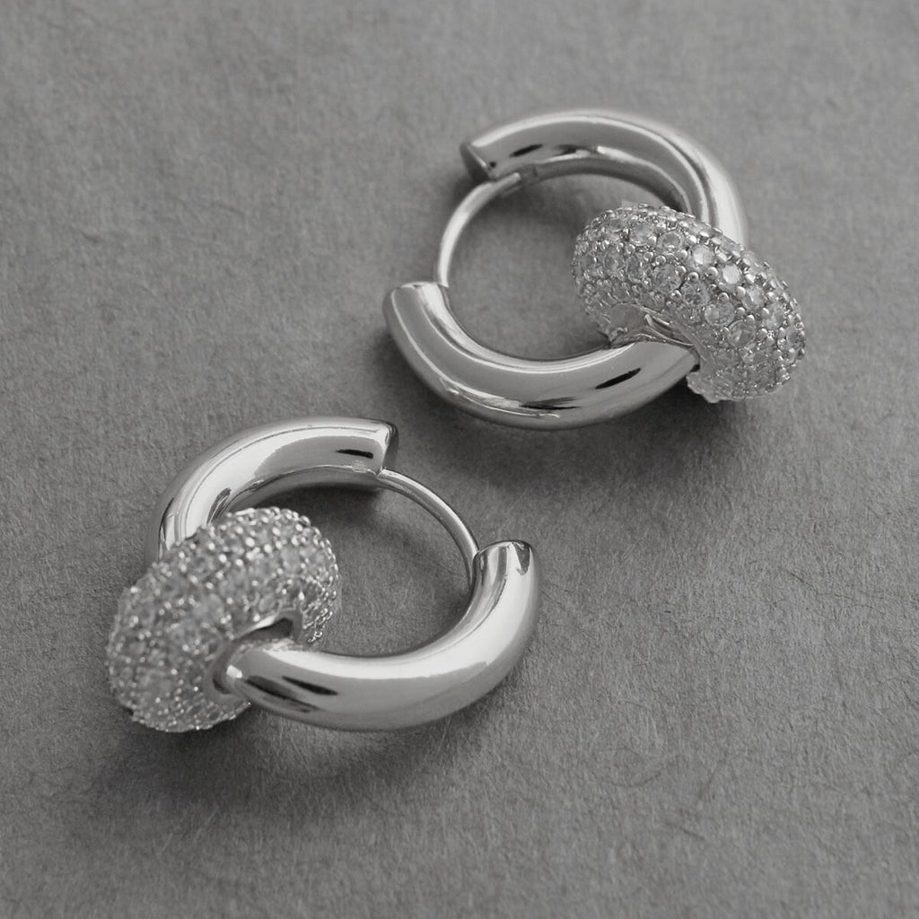 Pave 14K White Gold Huggie Hoop Earrings Stylish Chic Jewelry